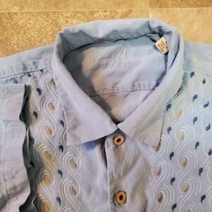 TOMMY BAHAMA Silk Shirt Mens XL Blue Short Sleeve Vacation Bowling Dad Button Up